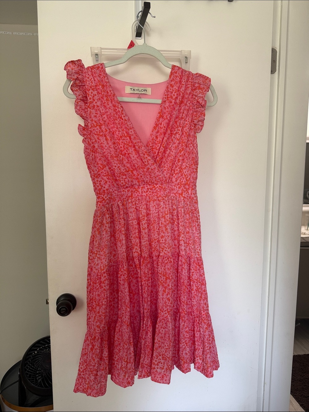 Taylor Pink and Red Floral V-Neck Ruffle Dress